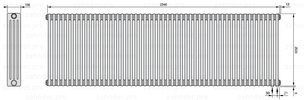 Схема (чертеж) Радиатор Zehnder Charleston 4250/51 №5510 Белый глянцевый RAL 9016
